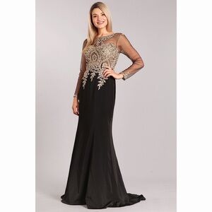 CLASSY Black Gold Lace Long Sleeve Dress 1935